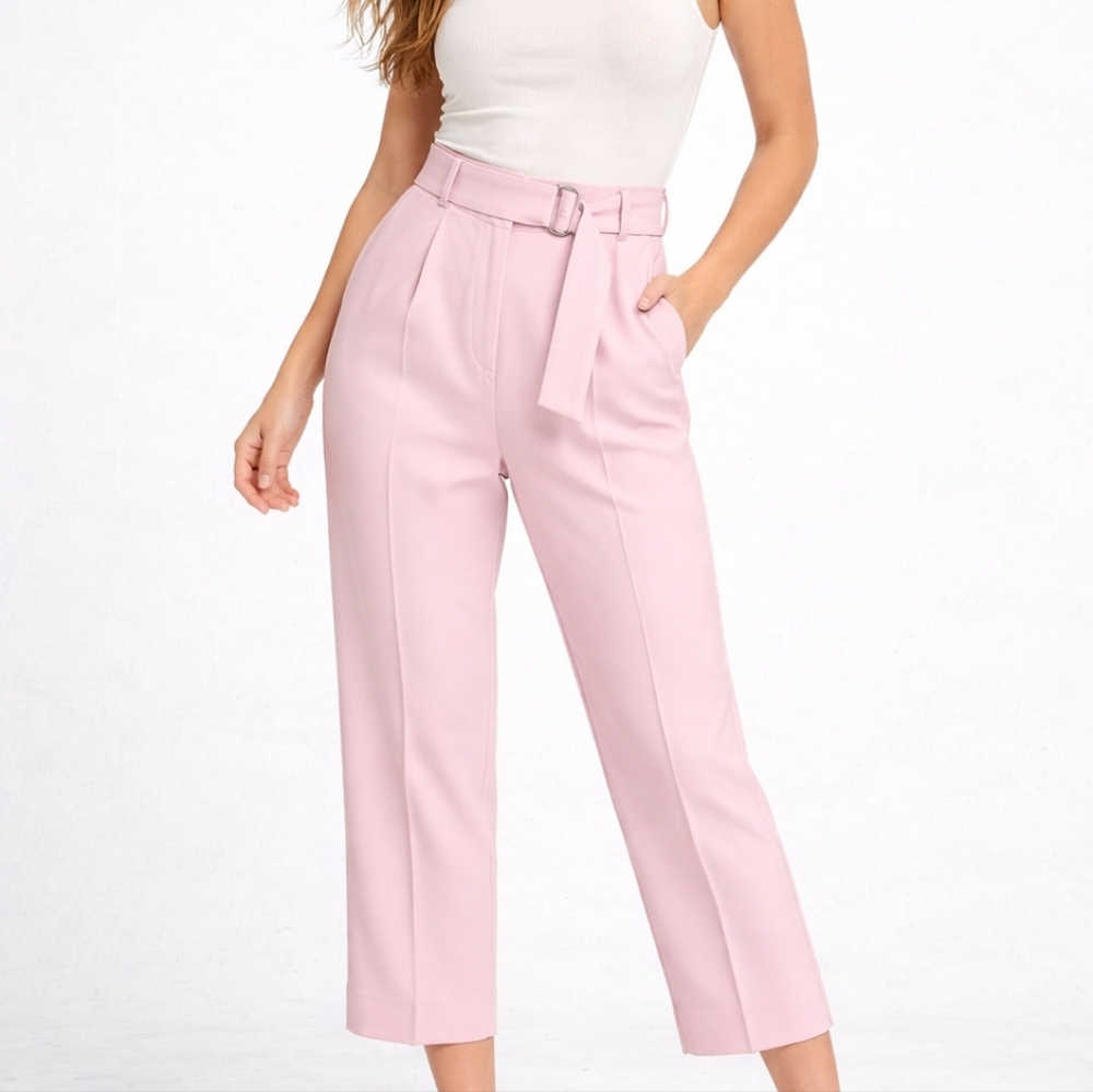 Topshop Belted Cropped Trousers Women’s US 2 – Pink High Waist, Straight Leg